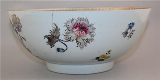 A Chinese export famille rose punch bowl, Qianlong period, 30.8cm, cracks